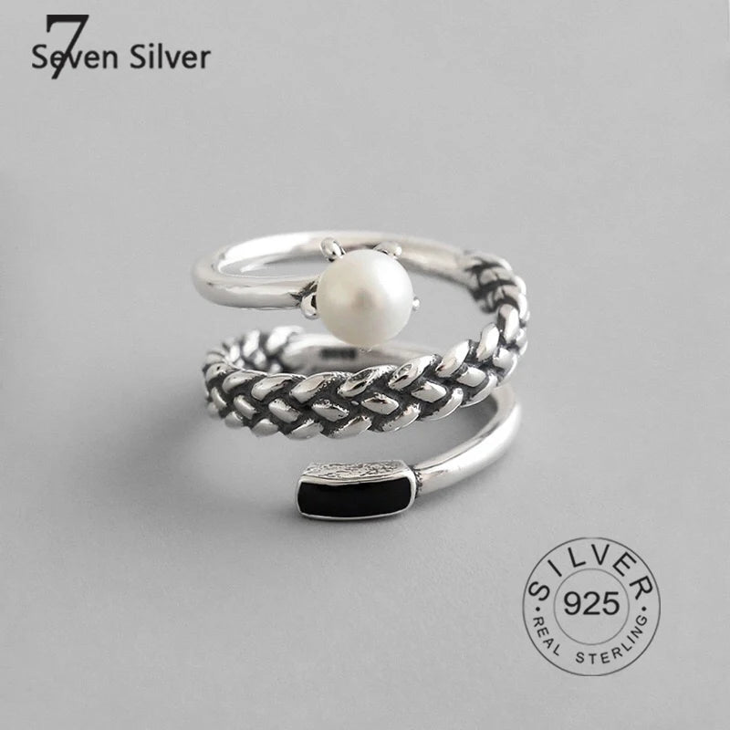 Anillo Ajustable de Plata 925 con Perlas y Circonita Negra