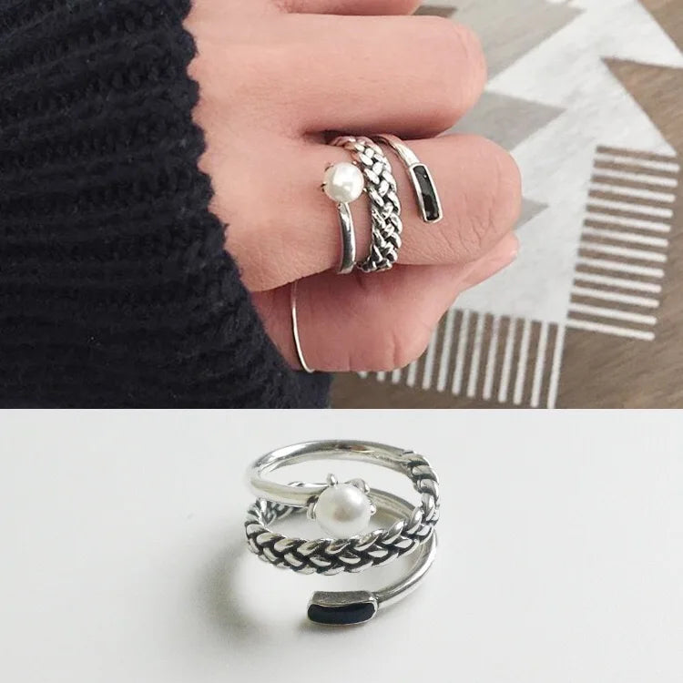 Anillo Ajustable de Plata 925 con Perlas y Circonita Negra