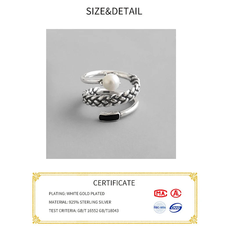 Anillo Ajustable de Plata 925 con Perlas y Circonita Negra
