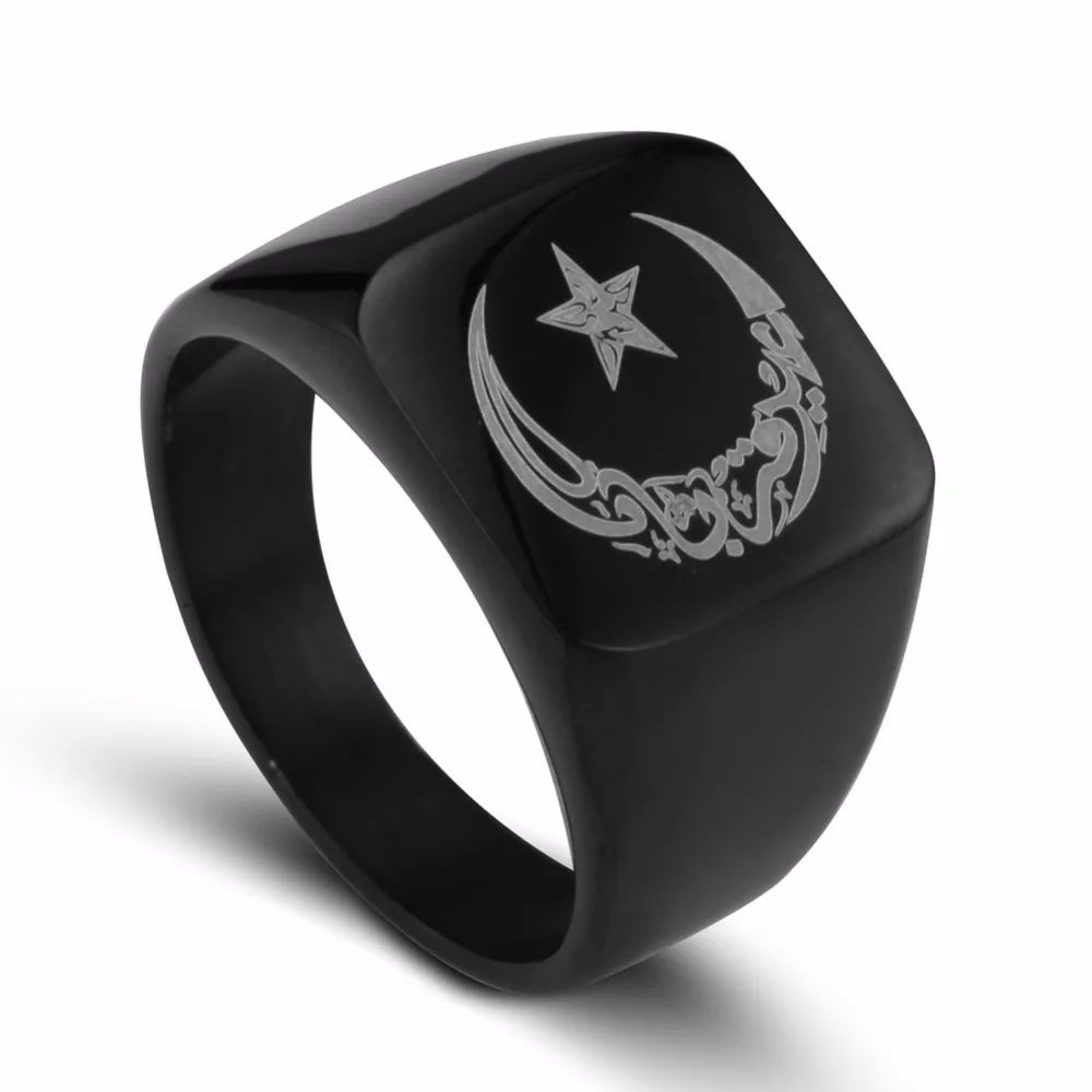 Anillo Islámico de Acero con Luna y Estrella