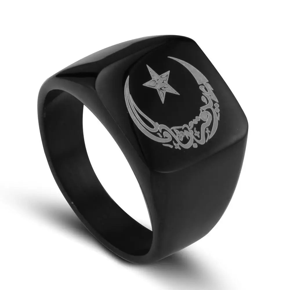 Anillo Islámico de Acero con Luna y Estrella
