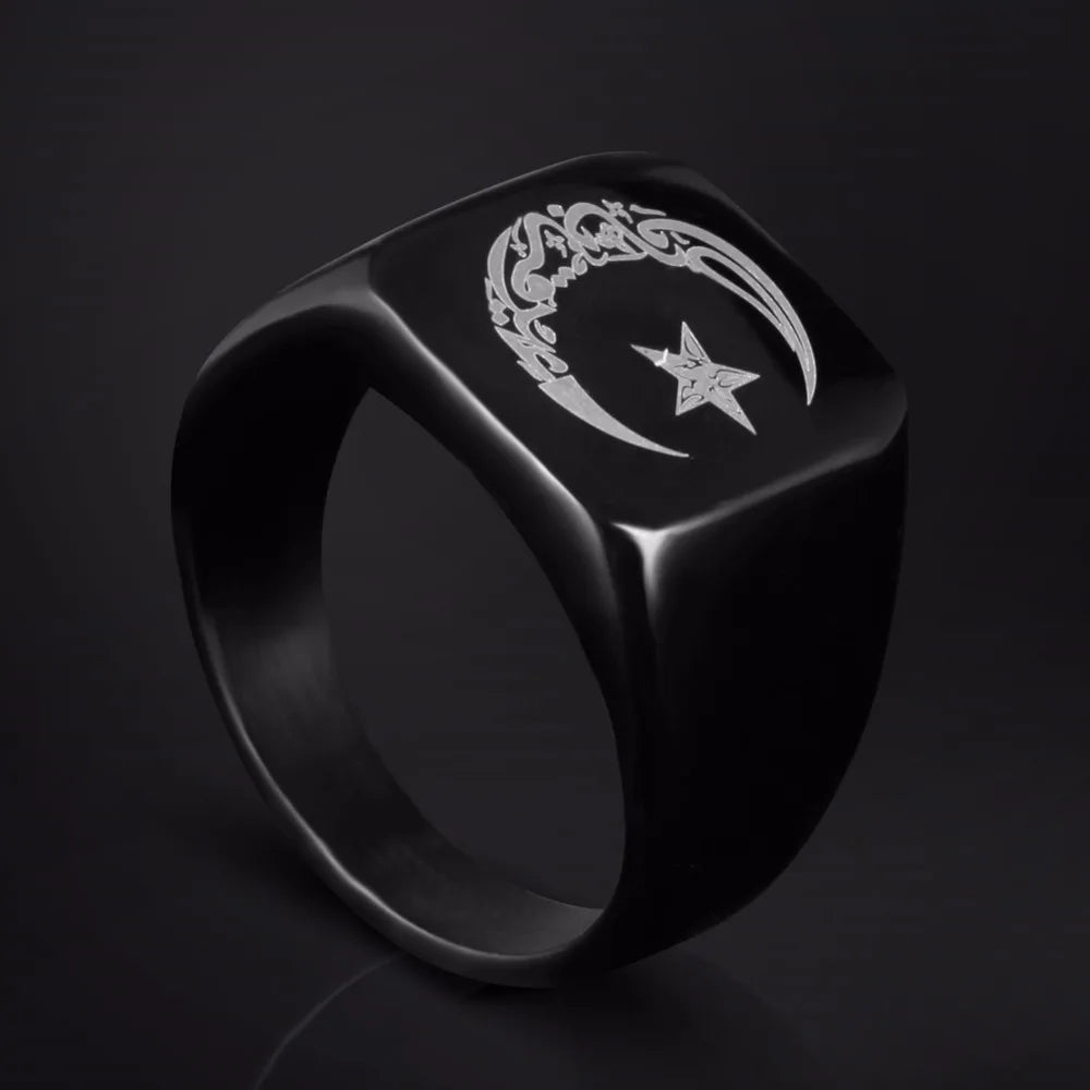 Anillo Islámico de Acero con Luna y Estrella