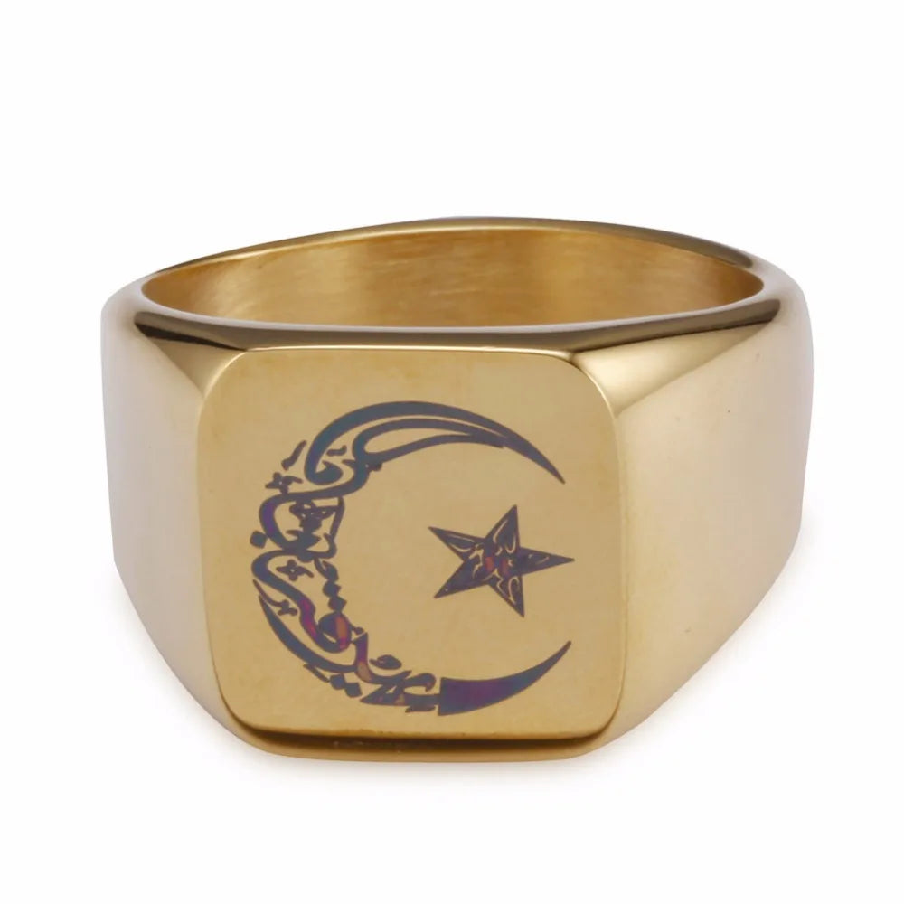 Anillo Islámico de Acero con Luna y Estrella