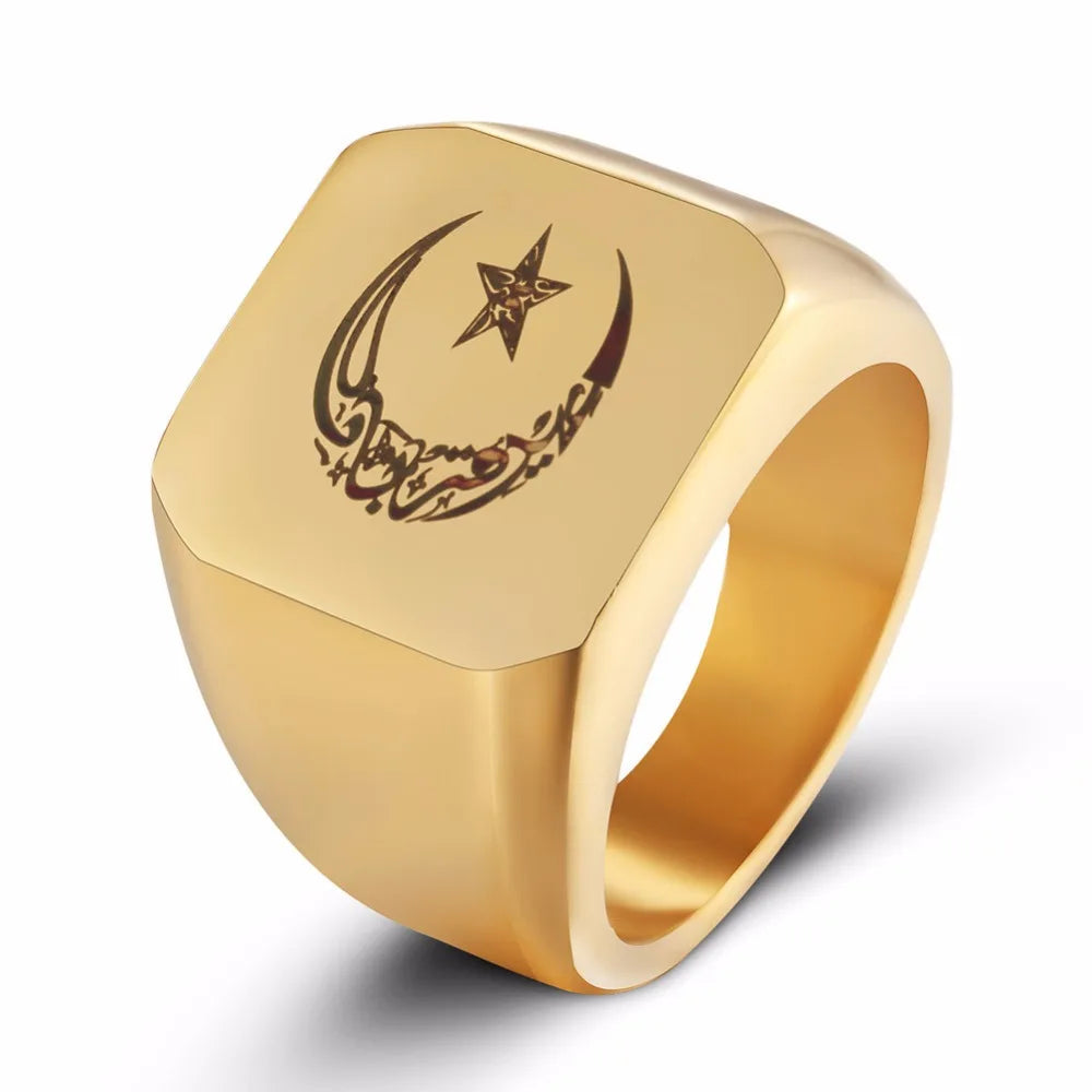 Anillo Islámico de Acero con Luna y Estrella