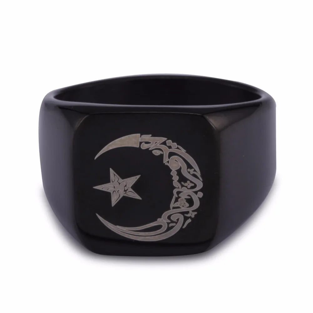 Anillo Islámico de Acero con Luna y Estrella