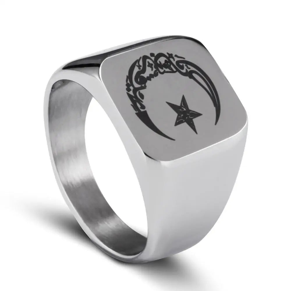 Anillo Islámico de Acero con Luna y Estrella