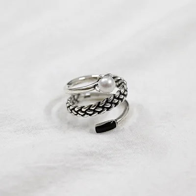 Anillo Ajustable de Plata 925 con Perlas y Circonita Negra
