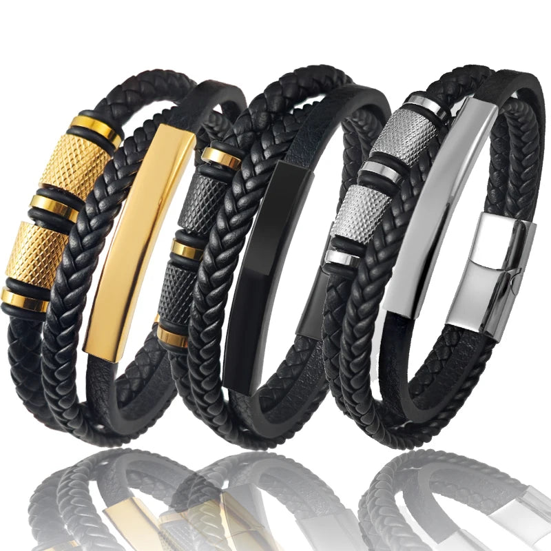 Pulsera Multicapa de Cuero con Cuentas Doradas