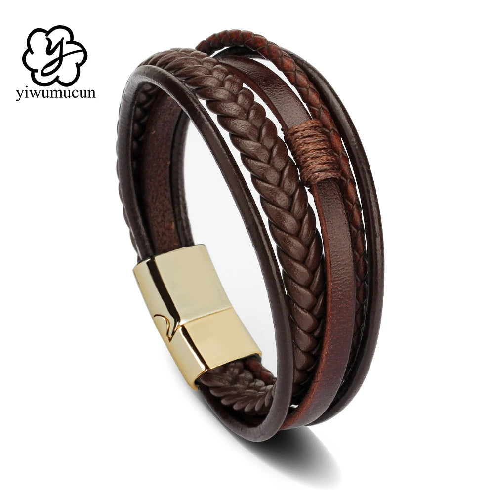 Pulsera Multicapa de Cuero y Acero