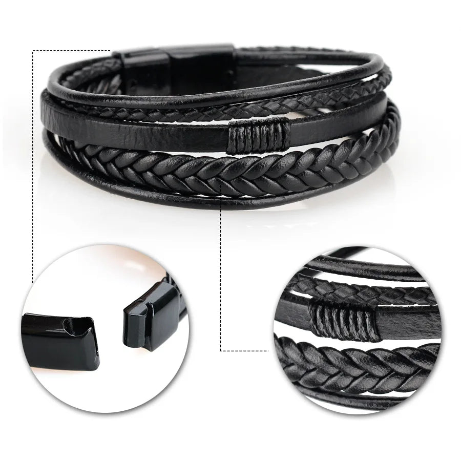 Pulsera Multicapa de Cuero y Acero