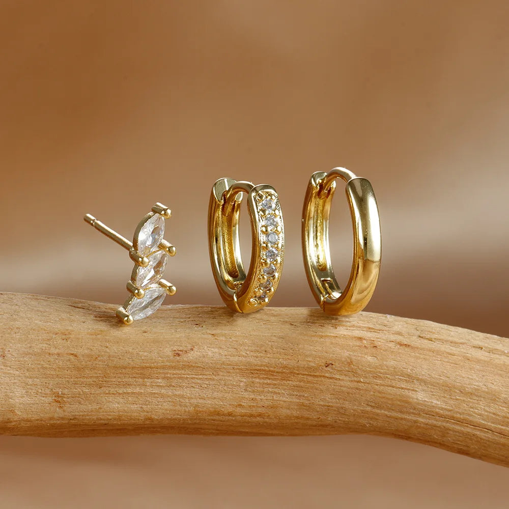 Set de 3 Pares de Aros Huggie con Circonita Chapados en Oro 14K