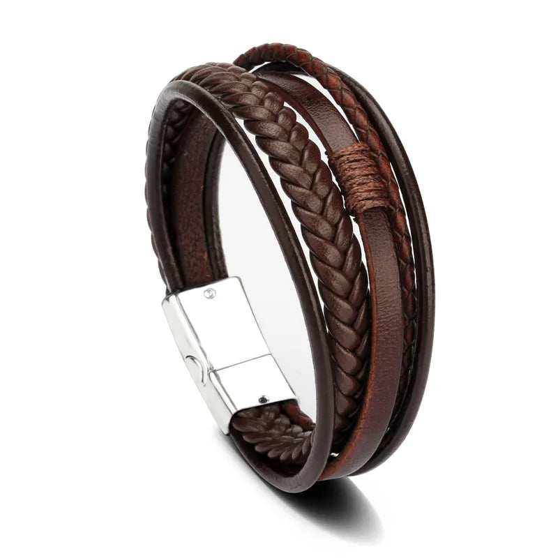 Pulsera Multicapa de Cuero y Acero