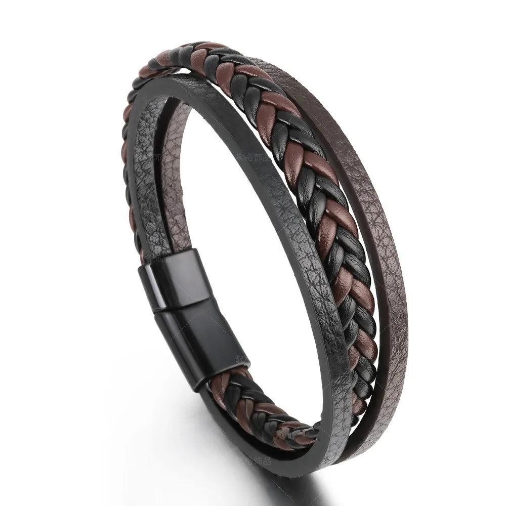 Pulsera Multicapa de Cuero y Acero