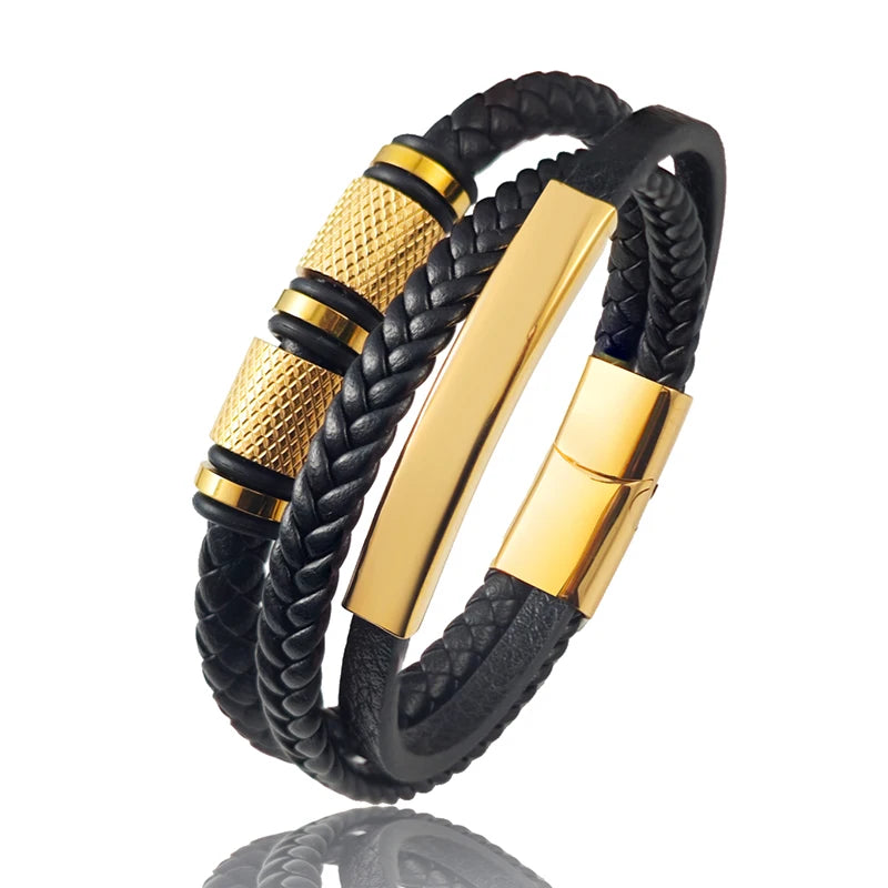 Pulsera Multicapa de Cuero con Cuentas Doradas