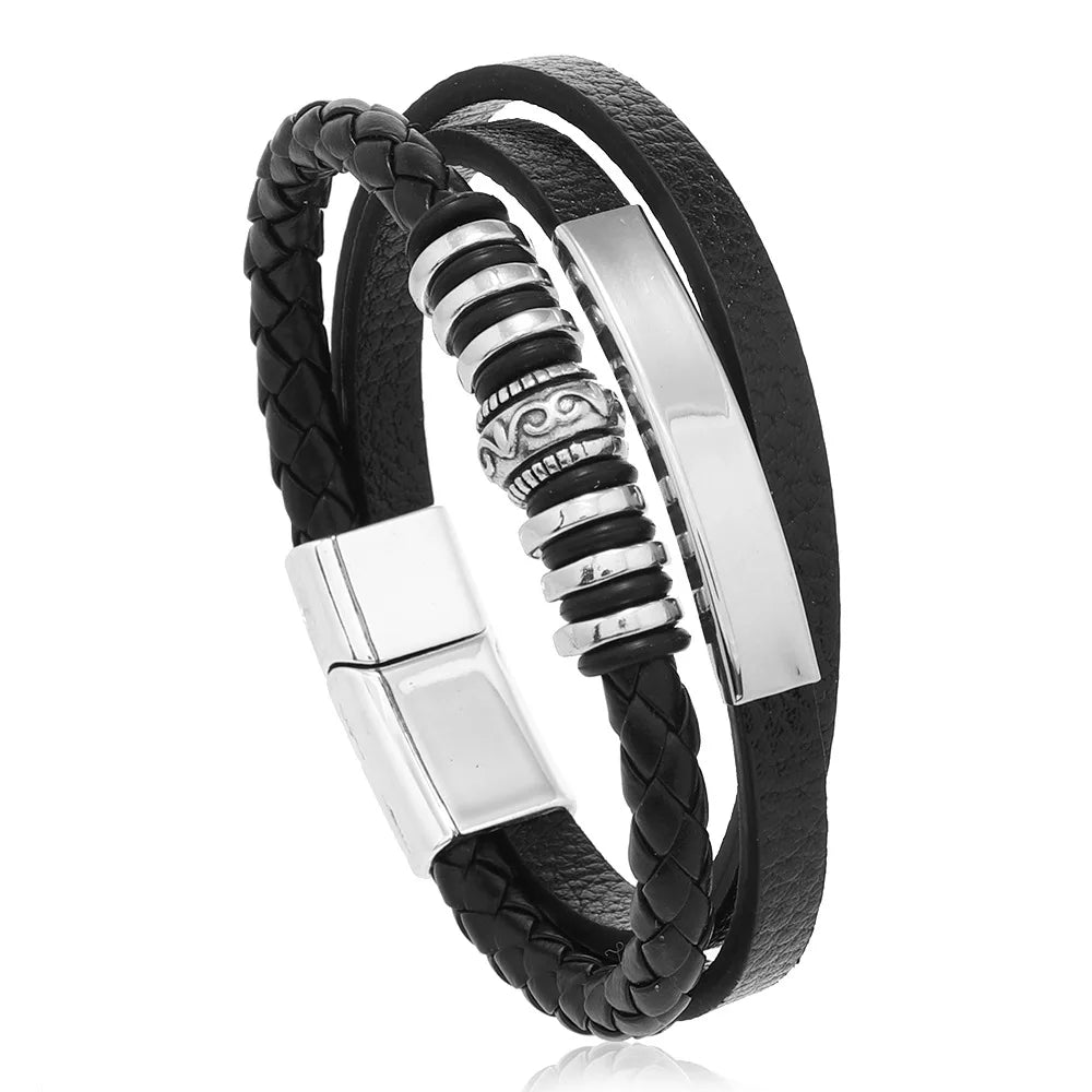 Pulsera Trenzada Multicapa de Cuero y Acero