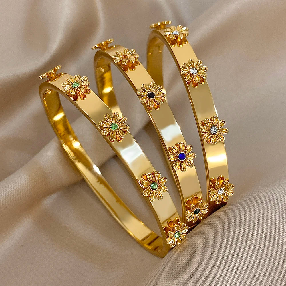 Brazalete de Acero con Flor y Cristales