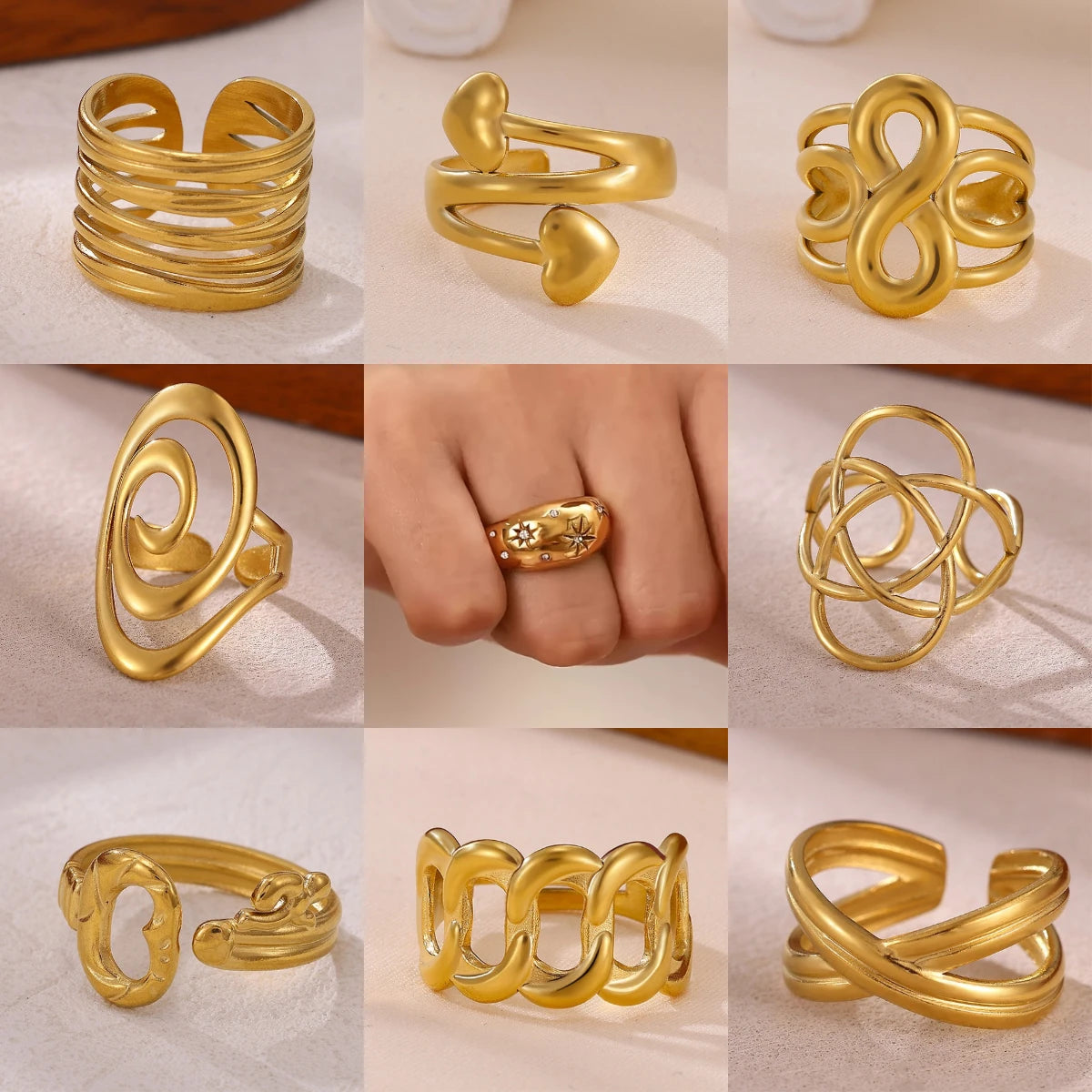 Anillo Geométrico Infinito de Acero Inoxidable Dorado para Mujer