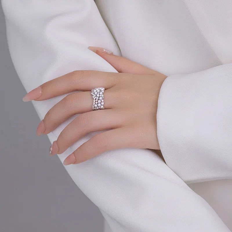 Anillo Abierto de Plata 925 con Perla y Circón