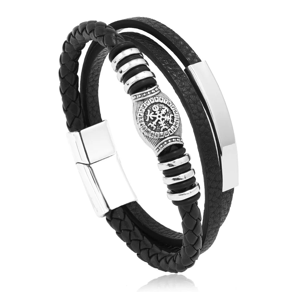 Pulsera Trenzada Multicapa de Cuero y Acero