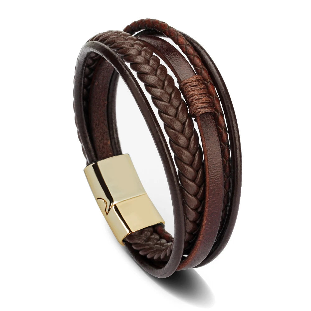 Pulsera Multicapa de Cuero y Acero