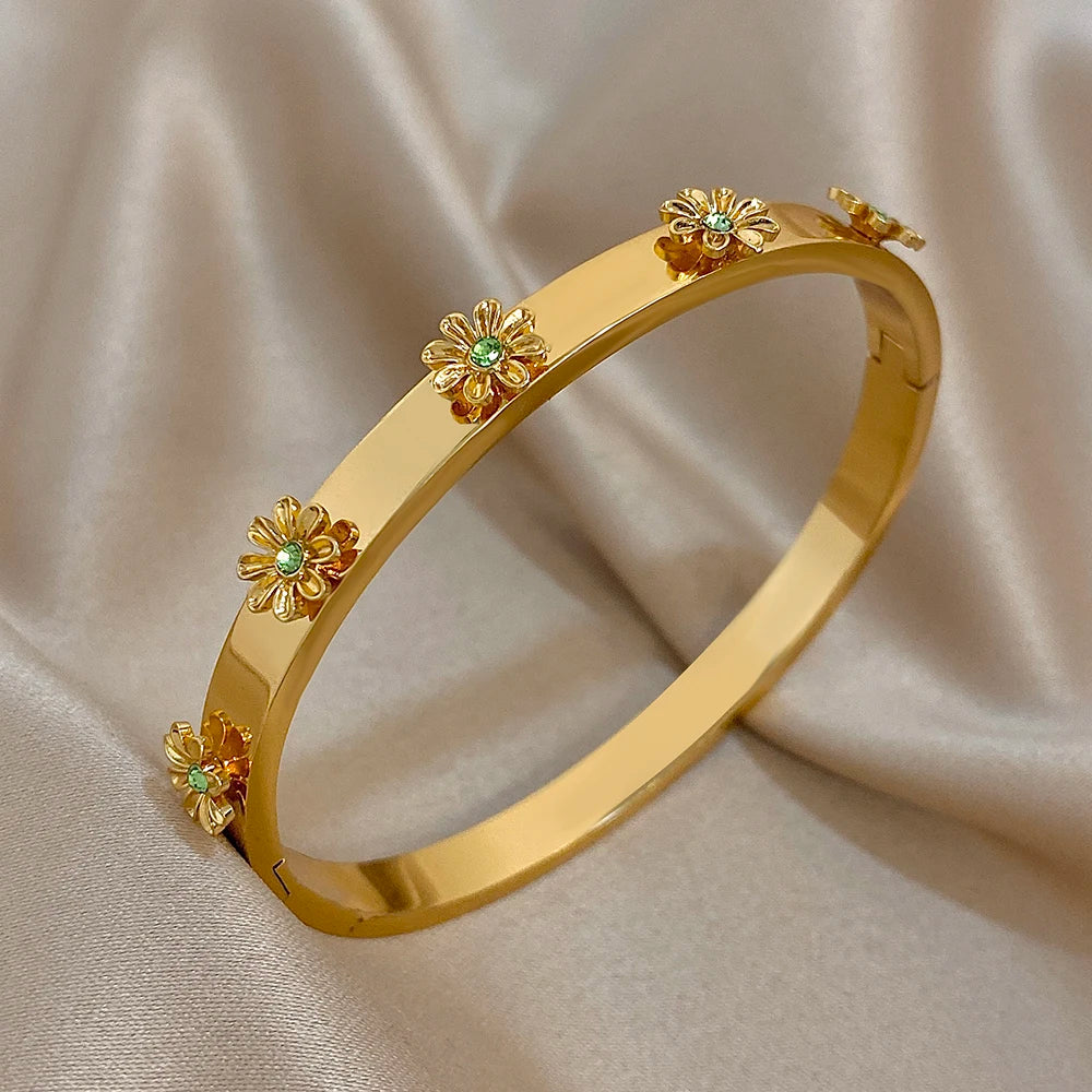 Brazalete de Acero con Flor y Cristales