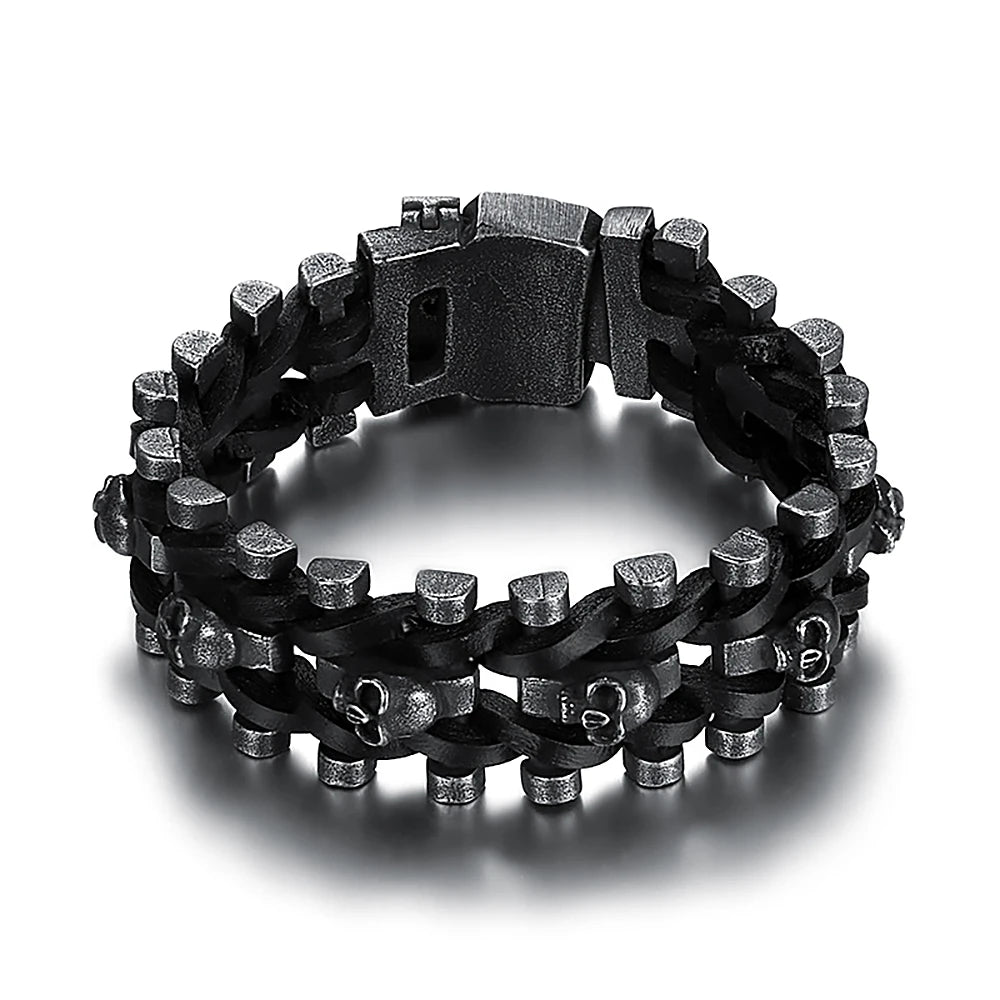 Pulsera de Cuero Trenzado con Calavera Negra