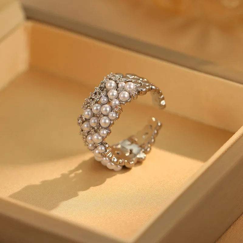 Anillo Abierto de Plata 925 con Perla y Circón