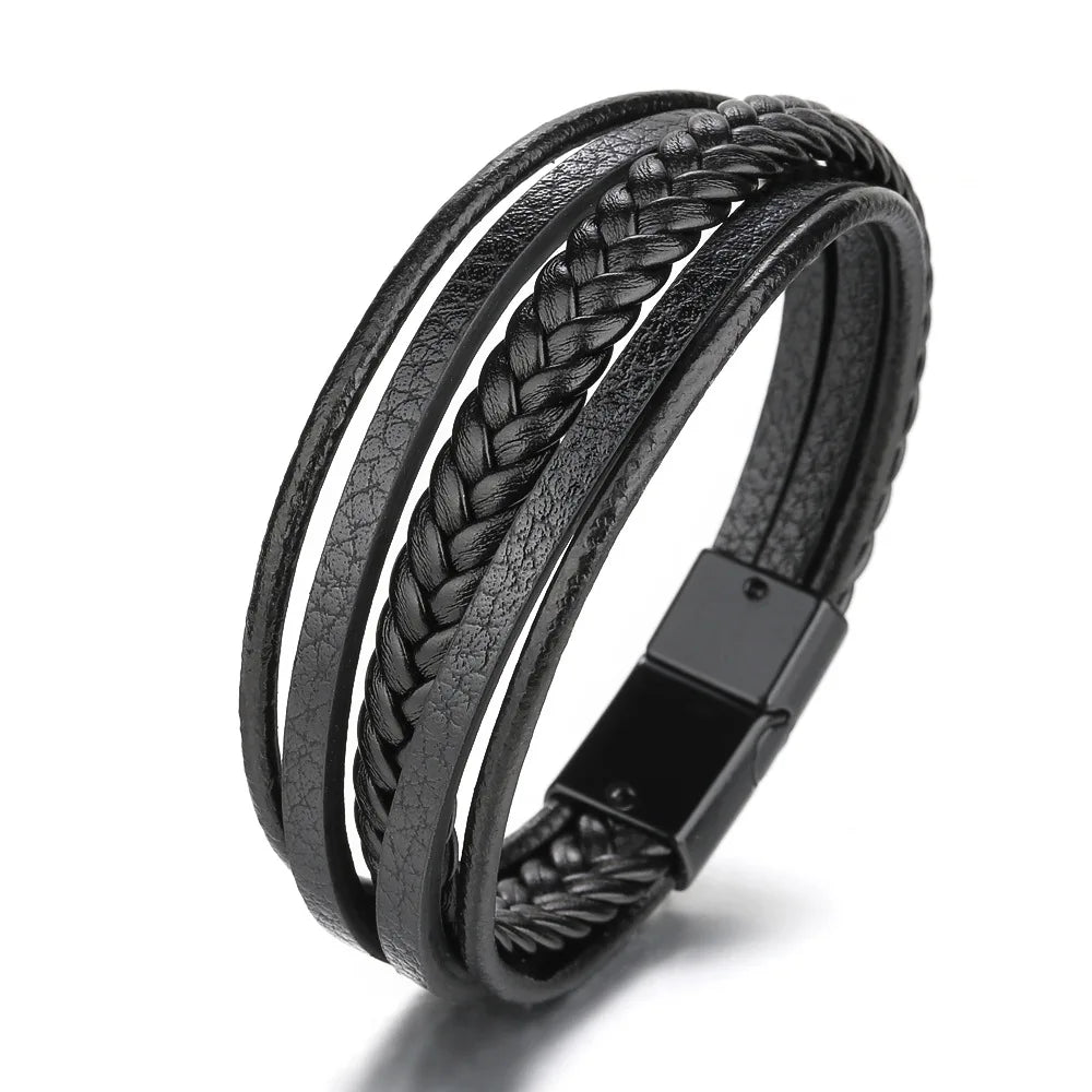 Pulsera Multicapa de Cuero y Acero