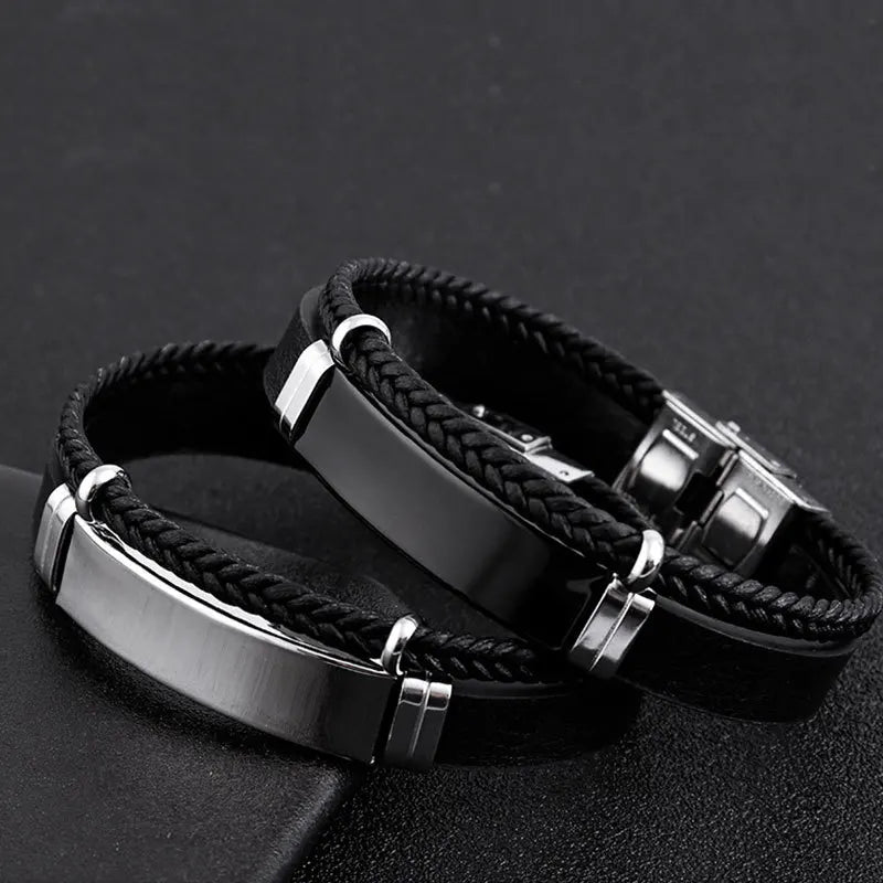 Pulsera Doble de Cuero Trenzado y Acero