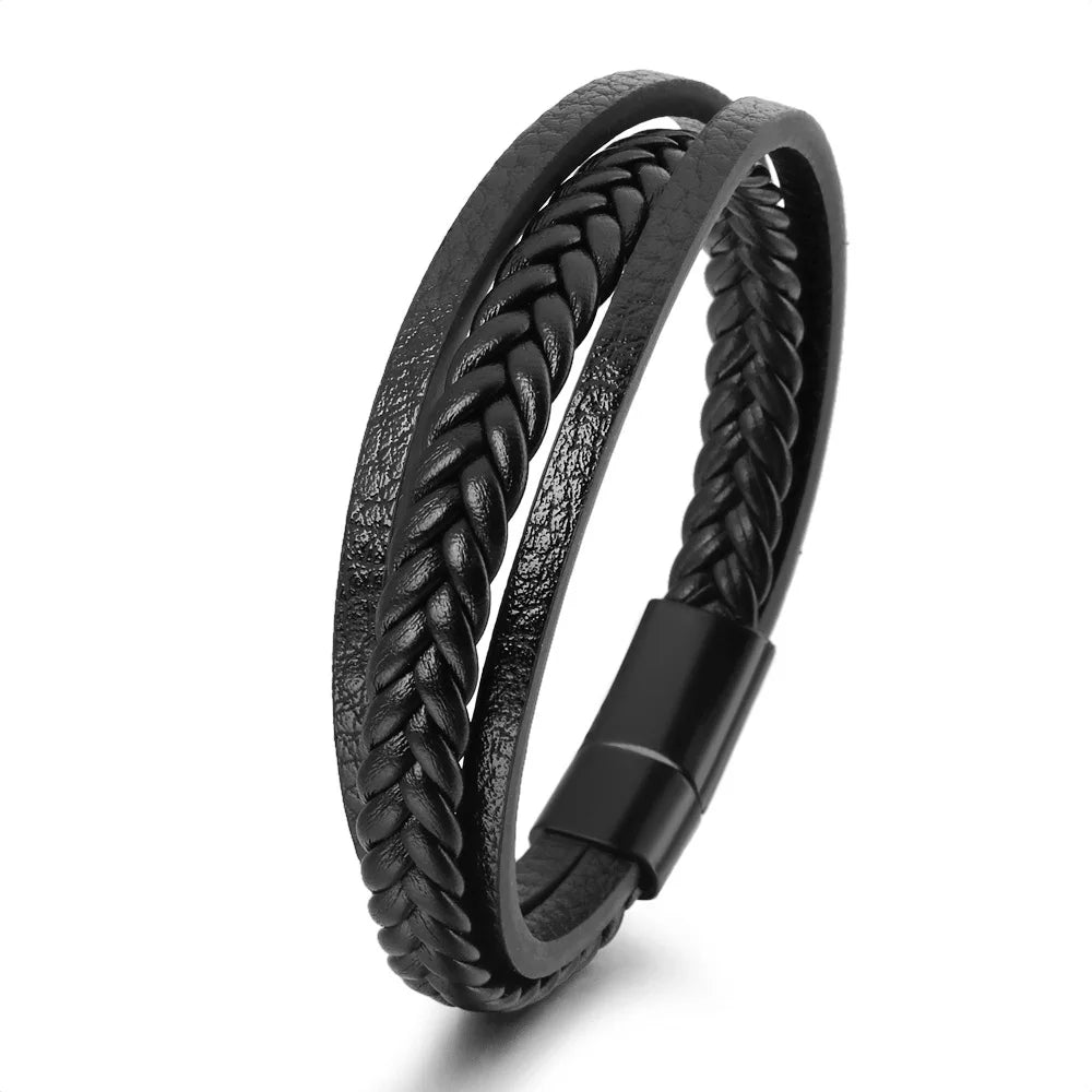 Pulsera Multicapa de Cuero y Acero