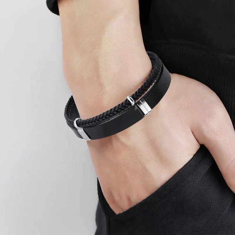 Pulsera Doble de Cuero Trenzado y Acero
