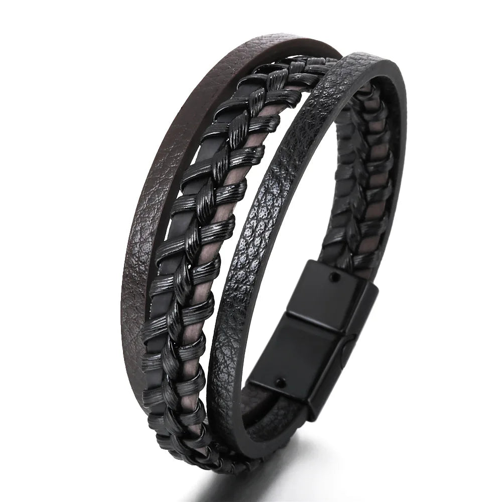 Pulsera Multicapa de Cuero y Acero