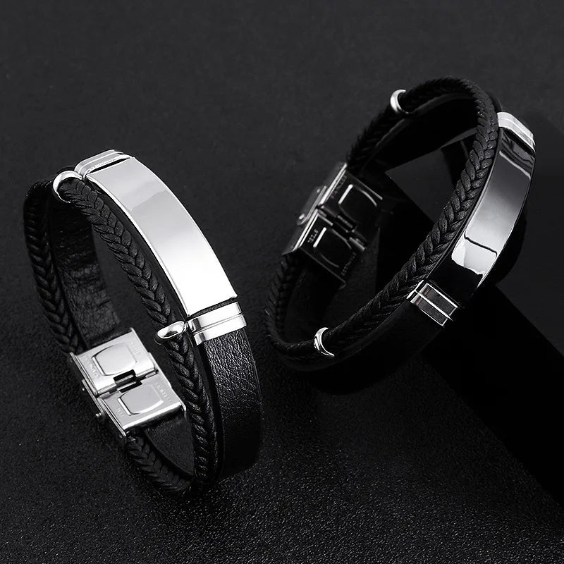 Pulsera Doble de Cuero Trenzado y Acero
