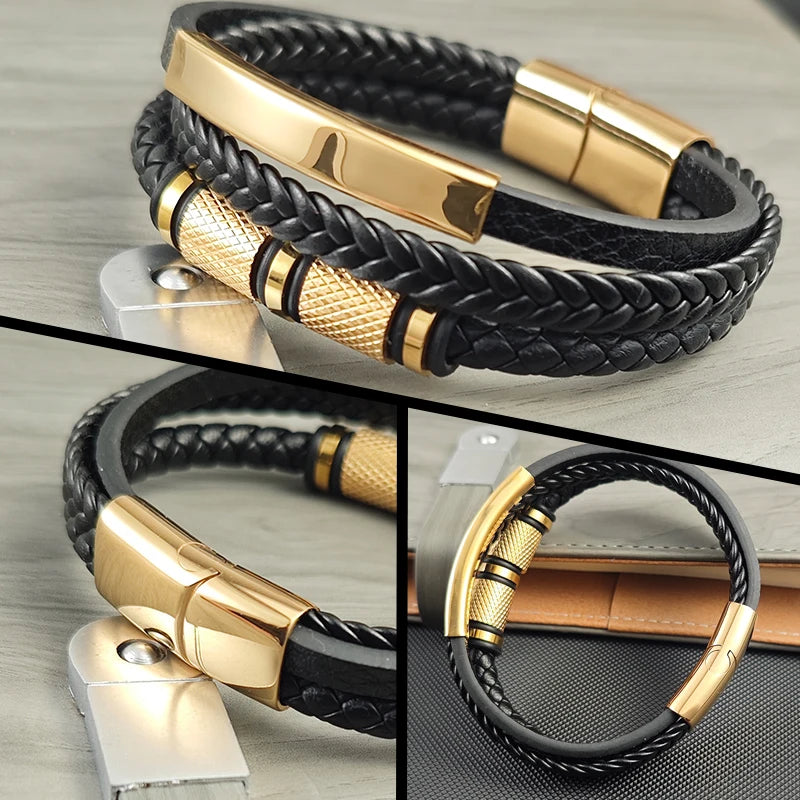 Pulsera Multicapa de Cuero con Cuentas Doradas