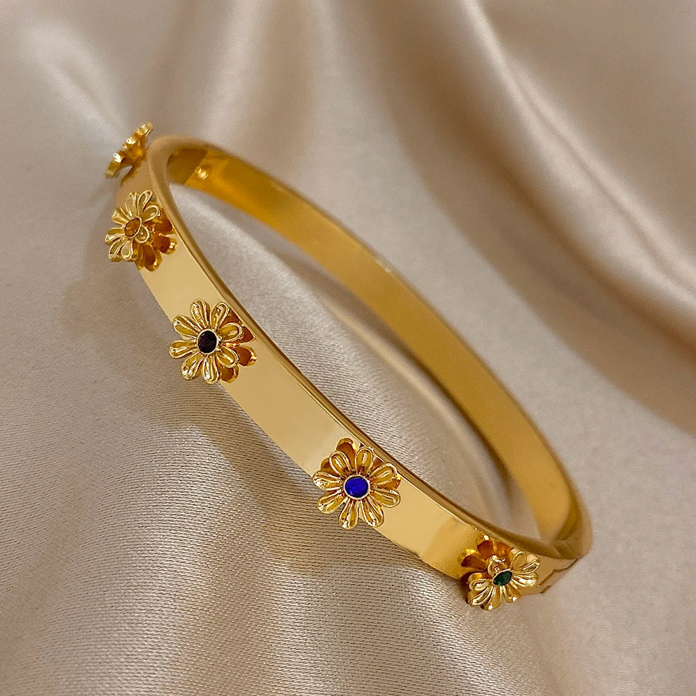 Brazalete de Acero con Flor y Cristales
