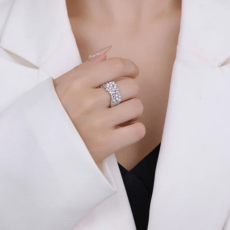 Anillo Abierto de Plata 925 con Perla y Circón