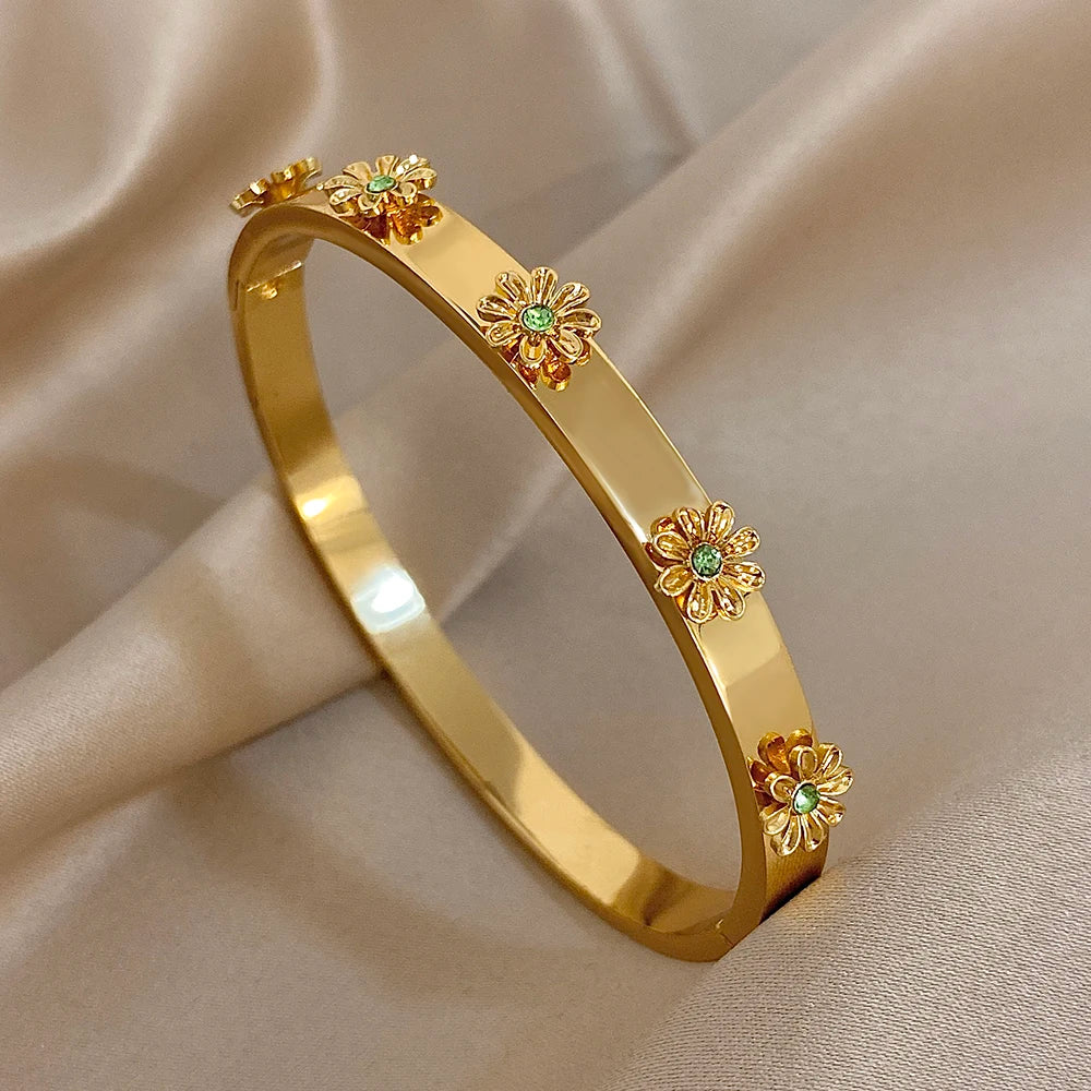 Brazalete de Acero con Flor y Cristales