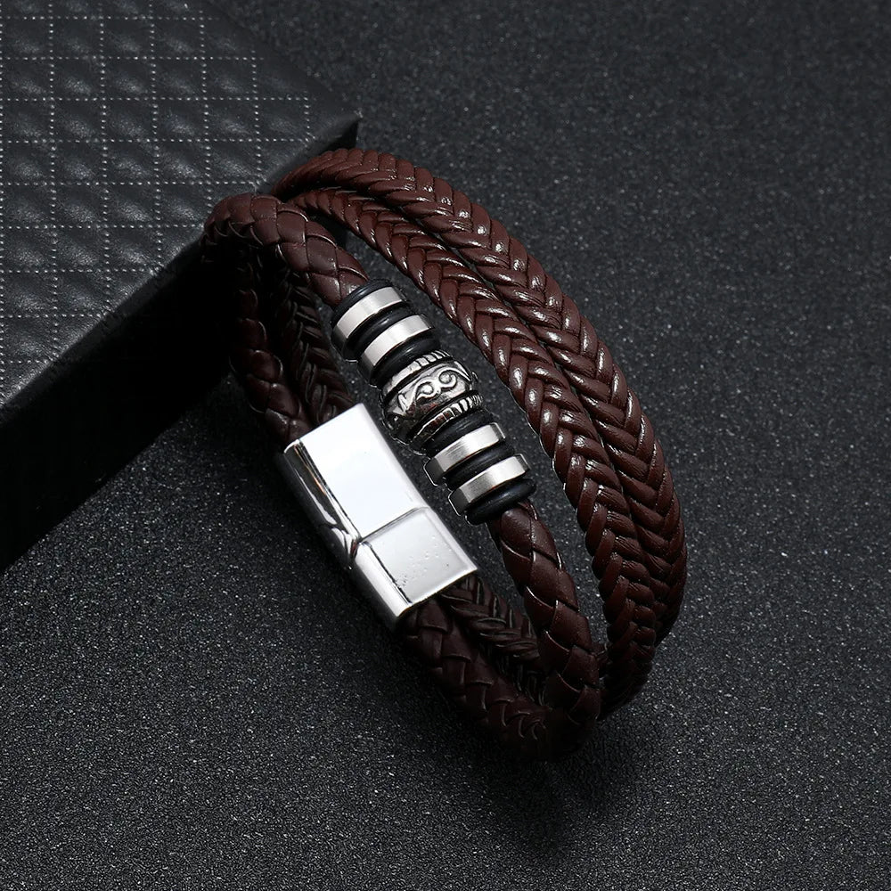 Pulsera Multicapa de Cuero y Acero