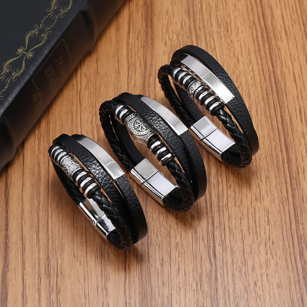 Pulsera Trenzada Multicapa de Cuero y Acero