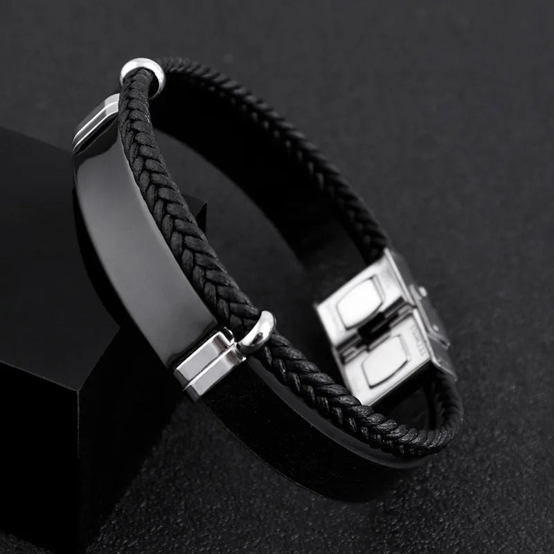 Pulsera Doble de Cuero Trenzado y Acero