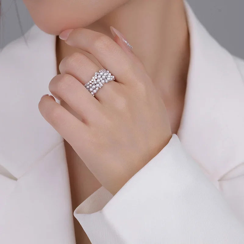 Anillo Abierto de Plata 925 con Perla y Circón