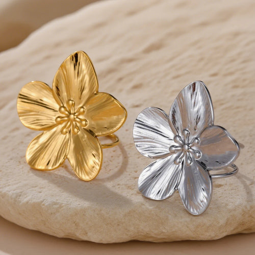 Anillo Abierto de Acero con Flor Grande