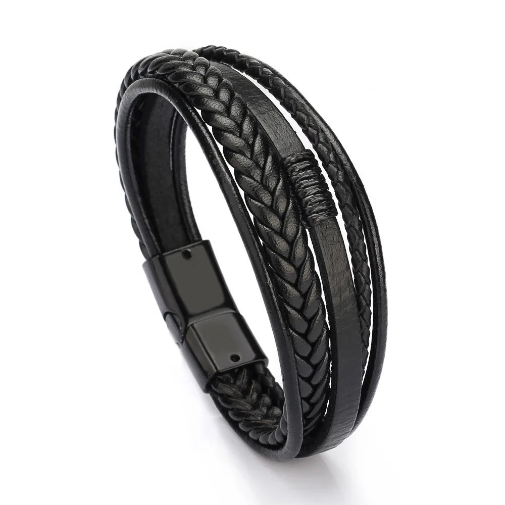 Pulsera Multicapa de Cuero y Acero