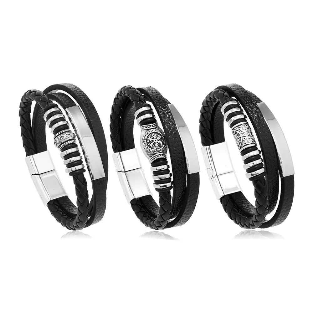 Pulsera Trenzada Multicapa de Cuero y Acero