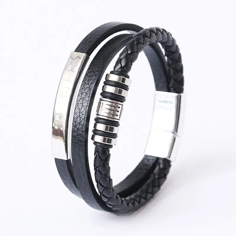 Pulsera Multicapa de Cuero y Acero