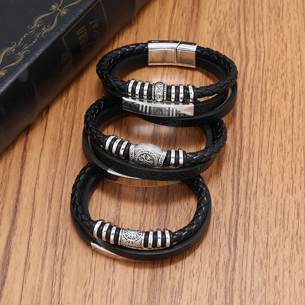 Pulsera Trenzada Multicapa de Cuero y Acero