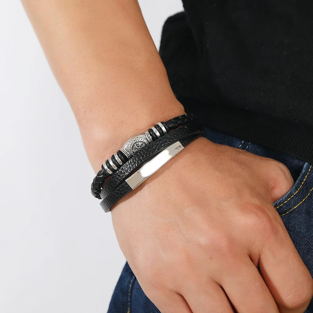 Pulsera Trenzada Multicapa de Cuero y Acero