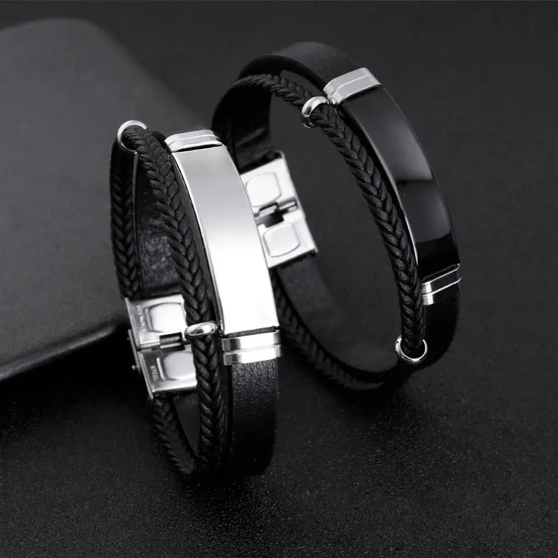 Pulsera Doble de Cuero Trenzado y Acero