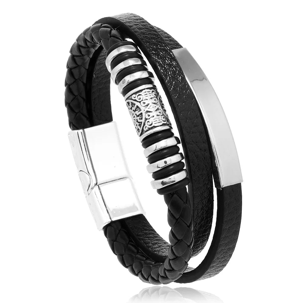 Pulsera Trenzada Multicapa de Cuero y Acero