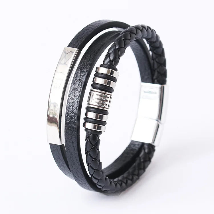 Pulsera Multicapa de Cuero y Acero